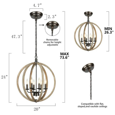 Six Light Orb Wood Chandelier With Rustic Oak Globe Frame, height adjustable 47.3" to 73.6", for various ceiling types.