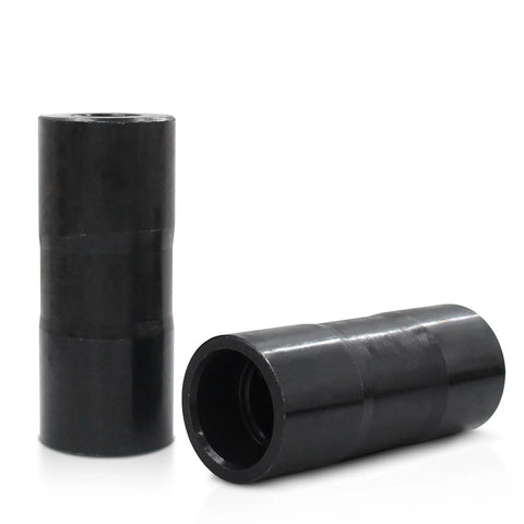 Two black metal inner cam bearing installer sleeves; front and side views for Harley Twin Cam engines