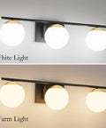 Three Light Mid Century Modern Vanity Light With Sleek Dope Black And Gold Finish And Milky Glass For Bathroom, white and warm light