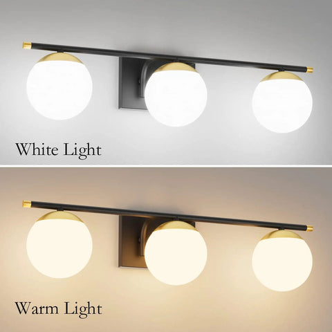 Three Light Mid Century Modern Vanity Light With Sleek Dope Black And Gold Finish And Milky Glass For Bathroom, white and warm light
