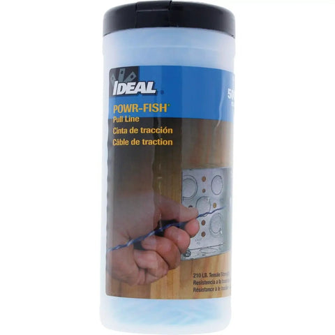 Powr-Fish Pull Line 210 Lb Tensile, 500 Ft White With Blue Tracer, continuous fiber polyline in bucket with label