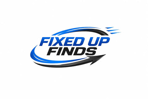 Logo with 'Fixed Up Finds' text in blue and black with circular swoosh design.