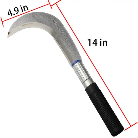 Multipurpose Gardening Sickle With Manganese Steel Blade And Stainless Steel Handle Black Rubber Grip 14in length, 4.9in blade