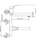 Dimensions diagram of SDVantage 360° Wall Mounted Kitchen Faucet Brass Single Handle Mixer Tap for Sink Bathtub Hot Cold Water Modern Design Space Saving Durable Stylish,Cromo.