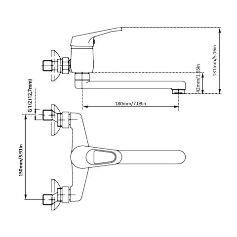 Dimensions diagram of SDVantage 360° Wall Mounted Kitchen Faucet Brass Single Handle Mixer Tap for Sink Bathtub Hot Cold Water Modern Design Space Saving Durable Stylish,Cromo.