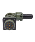 Circular MIL-C connector plug with olive-green housing, square mounting flange, and gold-plated contacts.