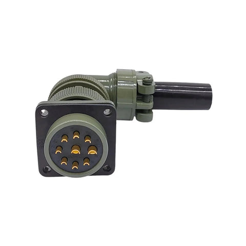 Circular MIL-C connector plug with olive-green housing, square mounting flange, and gold-plated contacts.