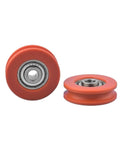 Rock Solid V Groove Wheel Sliding Gate Caster featuring durable orange nylon coated roller with metal bearing for smooth operation.
