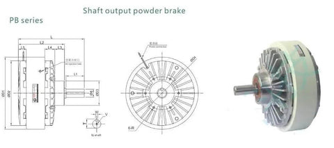 High Torque Magnetic Powder Brake 25Nm PB-025 with 78mm center distance, 20mm single shaft, side view and technical drawing
