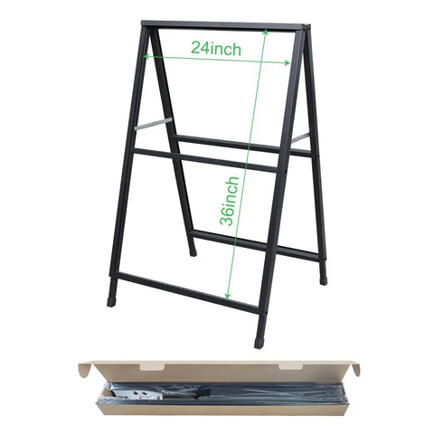 Beefy Heavy Duty Slide In Folding Sandwich Board A Frame Sidewalk Sign 24 By 36 Inch Black Coated Steel Double Sided Pavement Sign Frame Only displayed with packaging box.