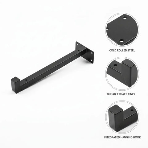 Must Have Wall Mounted Floating Shelf Bracket With Hooks In Black Finish Cold Rolled Steel Support For Standard Shelves