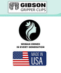 Gibson Gripper Clips logo with woman-owned badge and Made in USA flag emblem