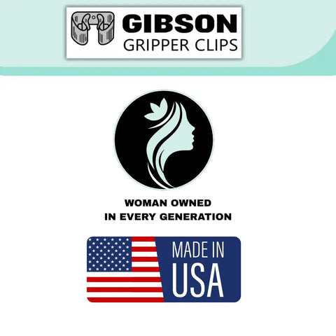 Gibson Gripper Clips logo with woman-owned badge and Made in USA flag emblem