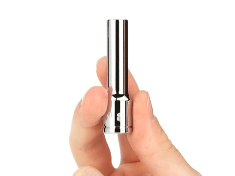 Hand holding a shiny chrome socket from Beefy 34-Piece Deep 12-Point Socket Set, 3/8 Inch Drive, SAE and Metric, 1/4 Inch to 1 Inch and 6-24 mm.