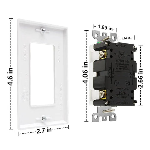 GFCI Outlet 15 Amp Self Test Receptacle With LED Indicator, Tamper Resistant, Weather Resistant, and wall plate dimensions