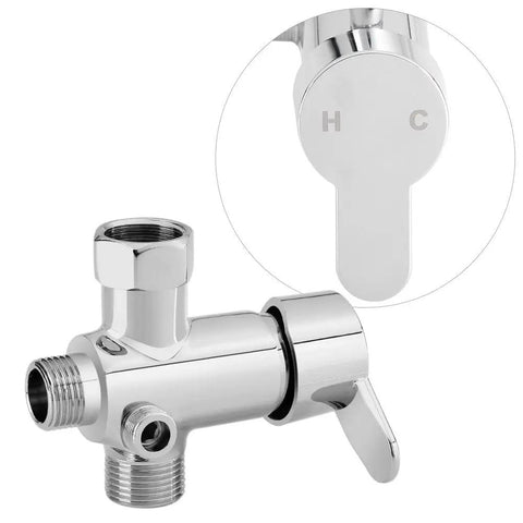 Toilet Bidet Attachment Kit With Hot And Cold Water Diverter Valve close-up, showcasing chrome-plated valve with H/C markings.