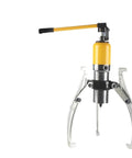 Heavy Duty Hydraulic Gear Puller With Adjustable Two And Three Jaw Plates For Easy Bearing Extraction And Shaft Removal, close-up with yellow handle.