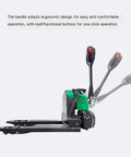 Heavy Duty Full Electric Pallet Truck With Lithium Battery, 3300 Lb Capacity motorized pallet jack showcasing ergonomic handle design and buttons.