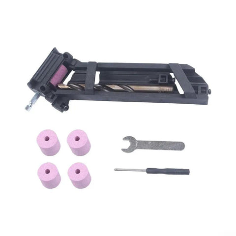 Portable Drill Bit Sharpener With Adjustable Angle Jig, features sharpening tool, pink corundum bits, and wrenches.