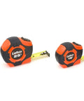 Array of tape measures, different sizes, orange-black cases, extended blades visible. Not the 3/4 In By 12 Ft Quikread Power Return Tape Measure.