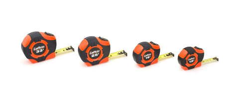 Array of tape measures, different sizes, orange-black cases, extended blades visible. Not the 3/4 In By 12 Ft Quikread Power Return Tape Measure.