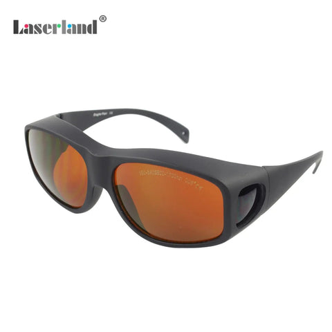Heavy Duty Laser Eye Protection Shades With Legit OD5 Plus Glass Filtering 190 To 540Nm And 800 To 2000Nm Beams side view of sunglasses with orange lenses.