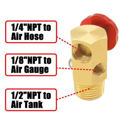 Slick Plug And Play Aluminum Air Tank Manifold Featuring Quick Connect Fitting And Pressure Gauge Coupler for 1/4" NPT, 1/8" NPT, and 1/2" NPT connections.