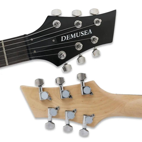 Close-up of headstock from 39 Inch Electric Guitar Beginner Friendly Starter Kit With 20W Amplifier Bundle Black Noiseless Cable
