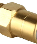 Thermal relief valve, brass body with white plastic actuator, close-up view of pressure washer fitting