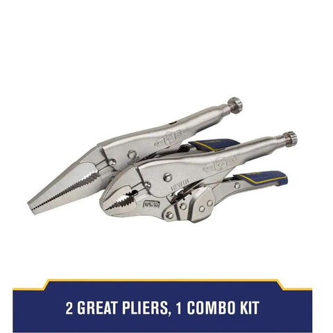 Workhorse Locking Pliers And Linesman Pliers Combo Ten Inch And Six Inch With Reduced Hand Span Grip, laying on white surface.