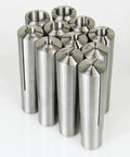 Legit Heavy Duty 11 Piece Brown And Sharpe Taper Collet Set Spanning 1/8 To 3/4 Inch In Sixteenths, precision ground tool steel collets arranged in a stack.