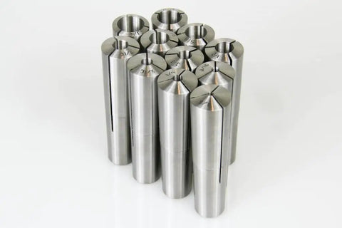 Legit Heavy Duty 11 Piece Brown And Sharpe Taper Collet Set Spanning 1/8 To 3/4 Inch In Sixteenths, precision ground tool steel collets arranged in a stack.