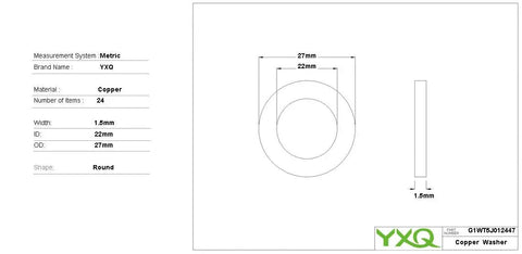 Copper Crush Washers 22x27x1.5mm Flat Ring Seal Gasket For Fittings M22 Pack Of 24 Durable Heat Resistant Seals For Automotive Plumbing And Engine Bay Use showing size diagram