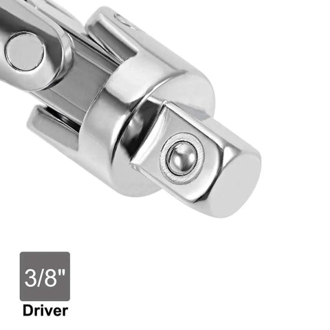 2-Pack 3/8 Inch Drive Universal Joint Socket Set With 90 Degree Swivel Head Four-Direction Sleeve CR-V Steel Heat Treated Chrome Finish Built Tough Corrosion Resistant Pro Grade, 3/8" drive close-up