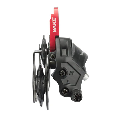 Side view of Rear Derailleur For Six To Eleven Speed Bicycles With Red Hanger Extender, durable aluminum body for mountain and road bikes.