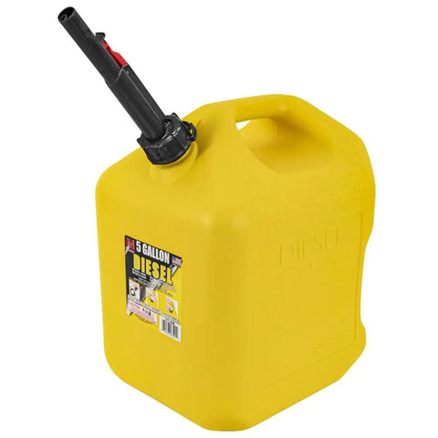 Yellow diesel container with attached fuel can spout kit for Midwest Can Gas Diesel and Kerosene Containers Spill Proof Design CARB Approved