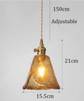 Pendant Light Amber Wavy Glass Shade Vintage Brass Hanging Lamp E26 Adjustable Cable Ceiling Fixture for Kitchen Island Bedroom Dining Room Entryway with measurements.
