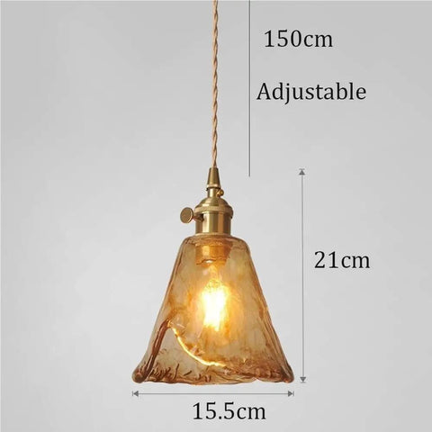 Pendant Light Amber Wavy Glass Shade Vintage Brass Hanging Lamp E26 Adjustable Cable Ceiling Fixture for Kitchen Island Bedroom Dining Room Entryway with measurements.