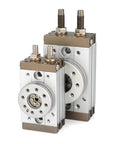 Front-side view of two MSQB rotary pneumatic air cylinders, rack-and-gear actuators, silver bodies with brown end caps.