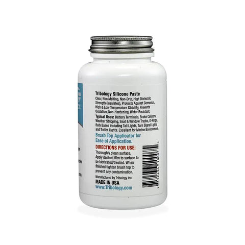 Keep It Slick Silicone Paste With Heavy Duty Brush 8 Oz - Back of tube showing instructions and typical uses for grease and sealant.