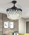 Crystal Chandelier Ceiling Fan With Light And Remote 42 Inch Black Fandelier With Retractable Blades in modern dining room
