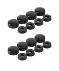 8 Pack Black License Plate Screw Caps for Cars, Trucks, and Vans, universal fit snap-on bolt covers shown with washers.
