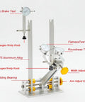 Beefy Wheel Truing Stand For Bicycle Adjustment And Rim Truing With Pro Grade And Adjustable Rim Width 50 To 200mm For MTB Road BMX And City Bikes Made From 7075 Aluminum Alloy Includes Roller Head And Three Test Tables For Brake Disc Alignment shown with gauges and adjust knobs