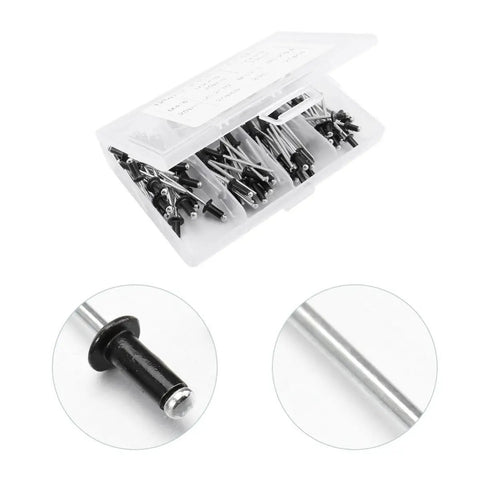 DIY Friendly Blind Rivets And Standard Head Size Assortment Kit 120 Pcs Aluminum Black M2.4 M3.2 M4, open box with detailed view