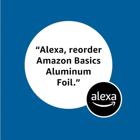 "Alexa, reorder Amazon Basics Aluminum Foil" command text on blue background next to Alexa logo.