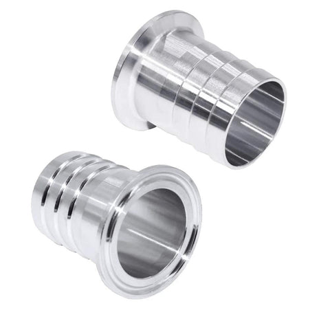 JoyTube 1.5in tri-clamp to 1-1/2in hose barb adapter, 304 stainless steel, pair, front/side view.