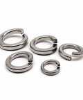 Assorted sizes of 304 Stainless Steel Spring Lock Washers with Elastic Gasket, Heavy-Duty, Vibration-Resistant Locking Washers in silver.