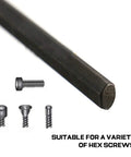 Cool Extra Long Hex Key Set For Home And Garage! These 4-Piece Metric Allen Wrench Tools Rock 360 Rotation Plus 35-Degree Angle Design. Durable T-Handle Grip Makes Tight Spot Repairs A Breeze For Serious Mechanics You Won't Regret This Upgrade! black hex key tip with assorted hex screws