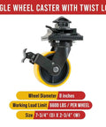 Four Pack Heavy Duty ISO Shipping Container Caster Wheels 6600 Lbs Per Wheel, 7.75 Inch Diameter By 2.75 Inch Wide, shown with twist lock.