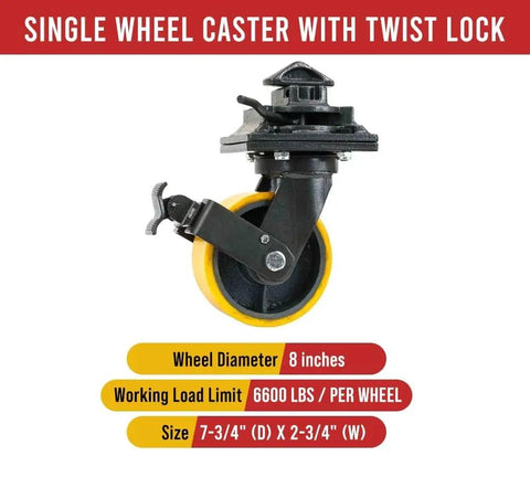 Four Pack Heavy Duty ISO Shipping Container Caster Wheels 6600 Lbs Per Wheel, 7.75 Inch Diameter By 2.75 Inch Wide, shown with twist lock.
